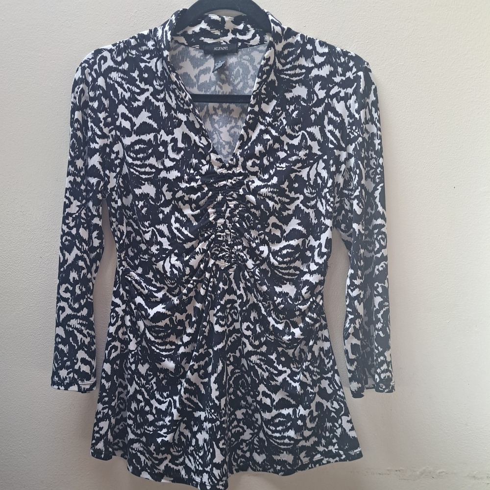 Alfani Womens Black White Abstract Floral Ruched V-Neck 3/4 Sleeve Blouse Small